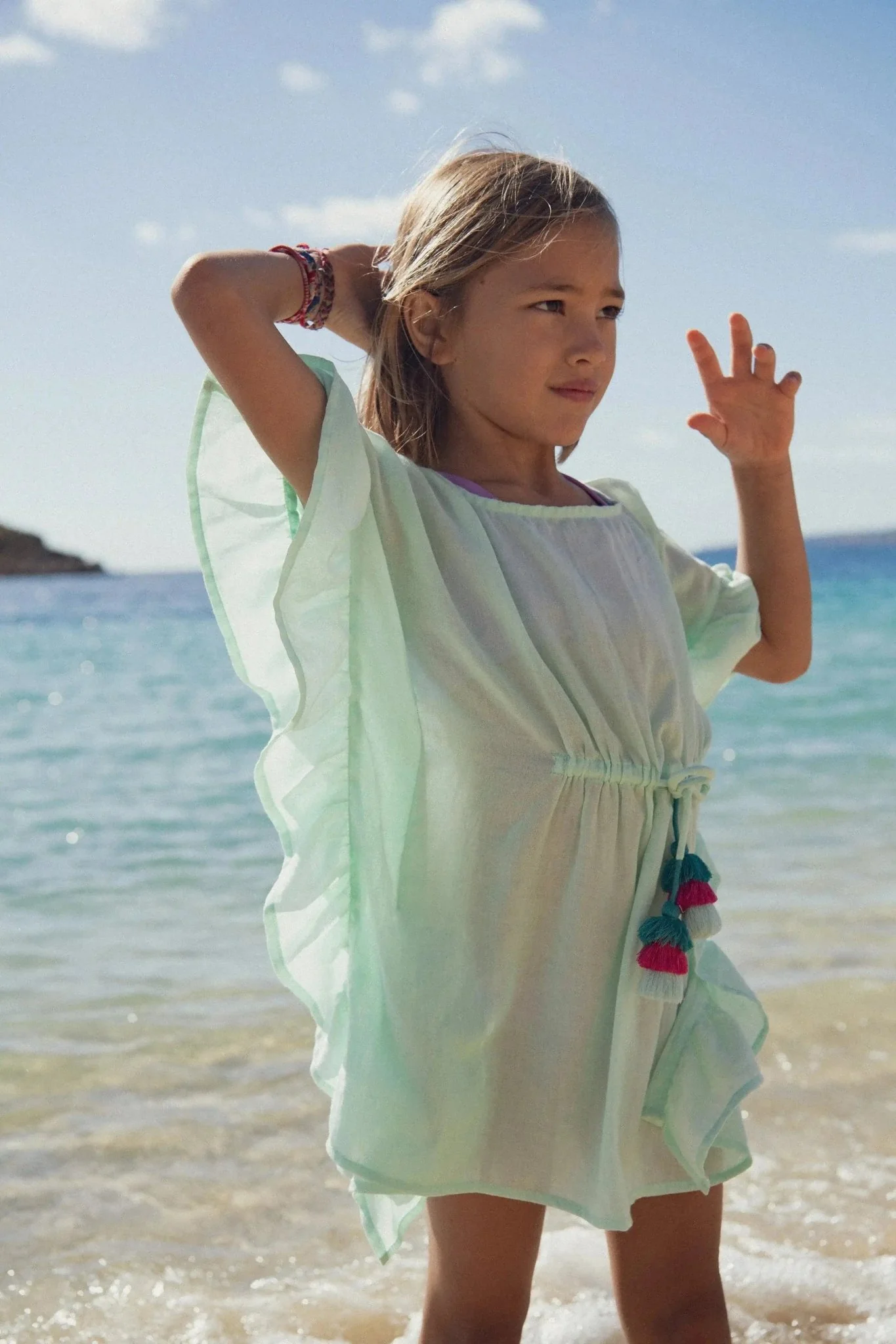 Caftan fille à pompons, aqua | LEA - Image 5
