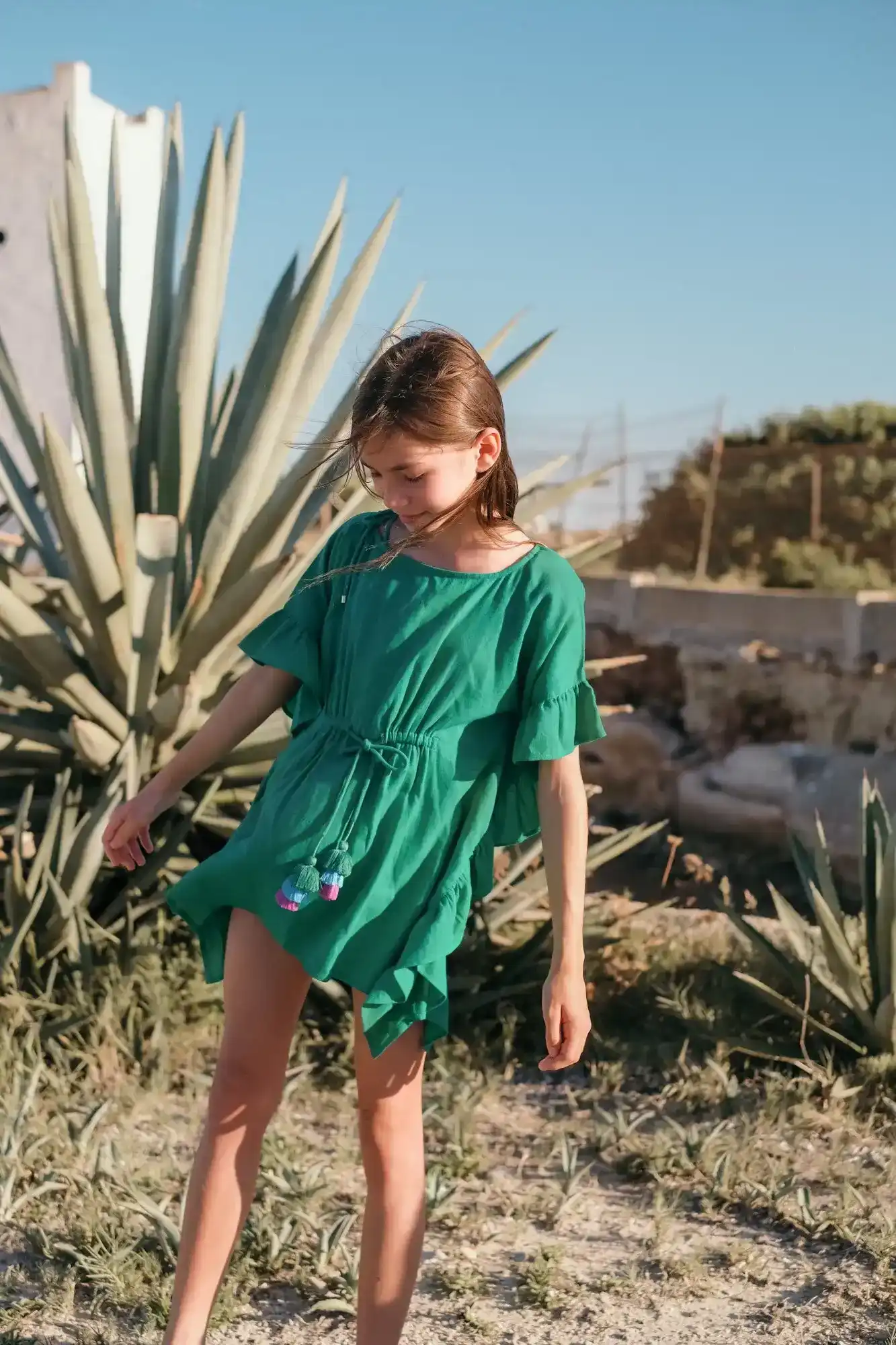 Caftan fille à pompons, vert  | LEA - Image 3