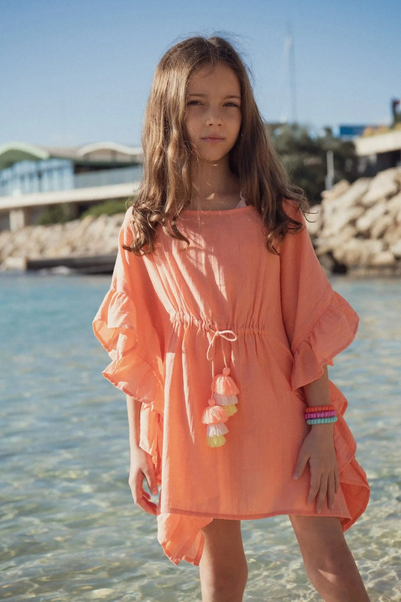 Caftan fille à pompons, néon corail | LEA - Image 4